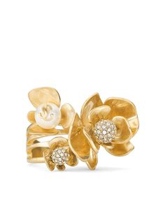 gold-tone polished finish crystal embellishment pearl detail gold-tone logo plaque faux-flower detailing pull-on style Crystal Embellishment, Faux Flowers, Ring Gold, Womens Jewelry Rings, Jimmy Choo, Embellishments, Gold Rings, Fashion Branding, Gold Tones