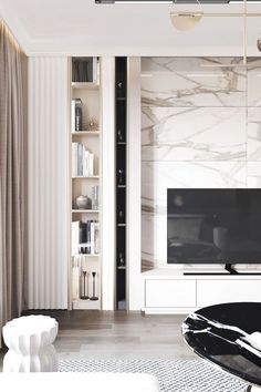 a modern living room with marble walls and flooring, white furniture and bookshelves