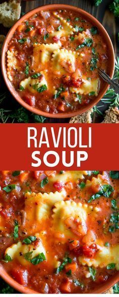 ravioli soup in a bowl with bread on the side