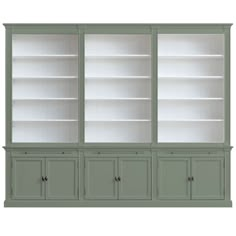 a white bookcase with three doors and two drawers