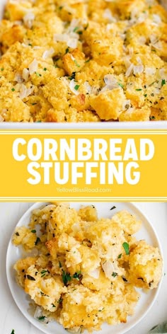 cornbread stuffing on a white plate with the words cornbread stuffing above it and below