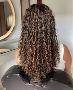 Hair Color For Long Curly Hair, Brown Hair Colors With Highlights Curly, Honey Balayage On Dark Hair Curly, Chestnut Brown Highlights Curly Hair, Curly Hairlights, Honey Brown Hair Curly Highlights, Curl Hair Highlights, Balayage Hair Curly Hair, Curly Hair Brown With Highlights