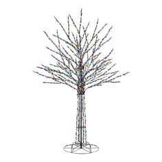 a tall metal tree with multicolored branches on it's base, against a white background