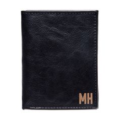 a black leather wallet with the initials on it