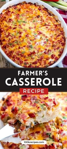 a casserole with bacon and cheese is shown in two different pictures, the top has