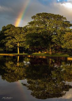 a rainbow shines in the sky over a lake with trees and grass around it