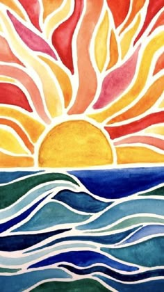 a painting of the sun over water with waves