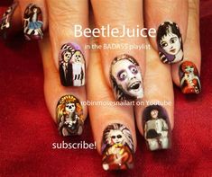 the nails have been painted with different characters on them, including jack and sally from beetlejuice