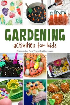 there are many different pictures with the words gardening activities for kids to play and learn