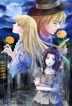 two anime characters standing in the rain with flowers on their hands and one holding an umbrella