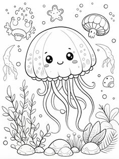 an octopus and jelly fish swimming in the ocean coloring pages for kids to print out