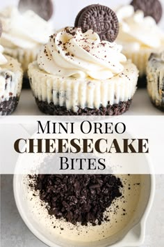 A mini oreo cheesecake topped with whipped cream and a mini oreo cookie. Cream Cheese Dessert Recipes Easy, Individual Birthday Desserts, Small Deserts Ideas, Simple Baked Goods Recipes, Mini Oreo Cheesecake Recipes, Difficult Dessert Recipes, Easy Dessert Bites, Mini Muffin Pan Desserts, Individual Desserts For Parties