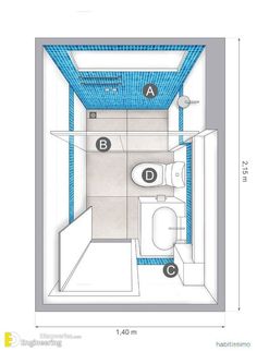 the floor plan for a small bathroom with blue tiles on the shower wall and toilet