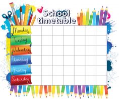 a school timetable with pencils and crayons in the middle, on a white background