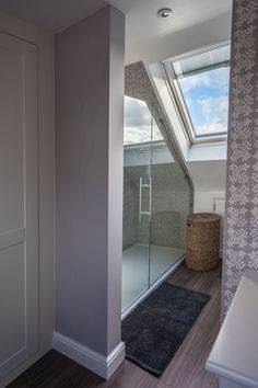 a bathroom with a skylight and a shower stall in the middle of the room