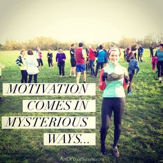 a woman standing in front of a group of people with the words motivation comes in mysterious ways