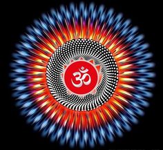 an image of the omastha symbol in red and blue colors on a black background