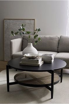 a living room with a couch, coffee table and books on the floor in front of it