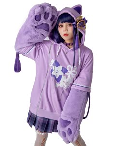 PRICES MAY VARY. Included Items：hoodie, claw*2, headdress, claw strap*2. Material:polar fleece, mirco velvet, super-soft velvet, faux fur. The detachable bag design furry paw is the highlight of this hoodie. The two long-sleeved paw gloves can be detached and used as two bags. There is a zipper on one side that you can make it change to an off-shoulder style top. Or you can pull the zipper down further to reveal more skin, which is more sexy. The thick hoodie is made of super-soft cozy materials Cat Paw Hoodie, Cat Paw Gloves, Cute Kawaii Outfits, Gamer Fashion, Paw Gloves, Chic Prom Dresses, Kawaii Hoodie, Purple Pullover, Cat Cosplay