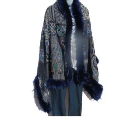 Unique Himalayan Yak/Sheep Wool Blend & Faux Fur Cape/Shawl/Wrap !!!…Ideal Unique Handcrafted gift for you, family, your friends and co-workers…!!! Handloomed/Handcrafted by Artisans Hand Embroidery Stitched Accents that Emphasize the Patterns in the Shawl Design,  Boiled Himalayan Yak/Sheep Wool Blend Shawl Handmade in Nepal Faux Fur | Black & Navy Tribal Design and Pattern A solid color Yak & Sheep Wool Blend of yarns hand loomed shawl in Nepal is handcrafted by a tribal family pattern and Ful Shawl Design, Faux Fur Cape, 60s Hippie, Cape Wrap, Cape Shawl, Fur Cape, Hand Embroidery Stitches, Hand Crafted Gifts, Sheep Wool