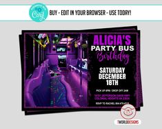 the birthday party bus is decorated with purple and black decor, including neon lights on the seats