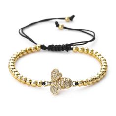 Crystal Bee Charm Beaded Bracelet - Gold Charm Beaded Bracelet, Shamballa Bracelets, Golden Beads, Hip Style, Trendy Bracelets, Gold Bee, Macrame Knot, Bee Charms, The Bee