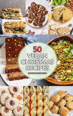 the top 50 vegan christmas recipes are on display in this collage with text overlay