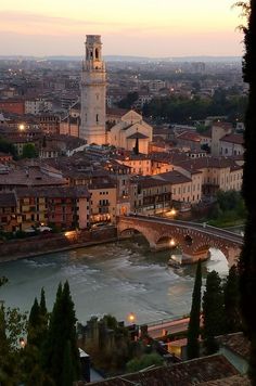 the city is lit up at night and there are many buildings on the river bank