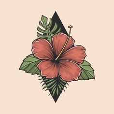 a pink flower with green leaves on it and a triangle in the background that says,