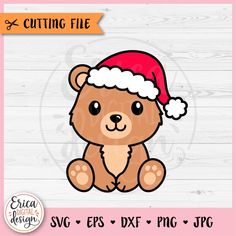 a brown teddy bear with a santa hat on it's head sitting down in front of a wooden background