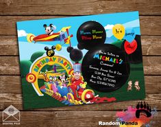 mickey mouse birthday party card with balloons and air plane in the background on wooden planks