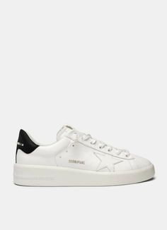 Golden Goose Men's Pure Star  White Leather & Black Heel Sneakers  Retail Price $540+tax Model: G36MS603.A3 Leather upper Round toe Lace up closure Tonal star detail Embossed logo at heel Fabric lining and leather insole Rubber sole Made in Italy Size EU 45/US 12 Outsole length, 11.8” measured in the center of outsole  Brand new in the box Catalog Goose-13 International Buyers, Import duties, taxes and charges are not included in the item price or shipping charges. These charges are the buyer's Heel Sneakers, The Golden Goose, Golden Family, Exclusive Sneakers, Golden Goose Deluxe Brand, Black Heel, Shoe Insoles, Black Leather Heels