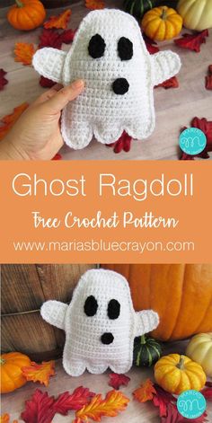 a crocheted ghost is shown with pumpkins around it and the words ghost rag doll