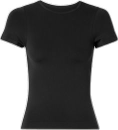 High Stretch Seamless Scoop Neck T-shirt, Fitted Jersey T-shirt For Sports, Basic Seamless Snug Fit T-shirt, Fitted Black Athleisure T-shirt, Fitted Black Elastane T-shirt, Seamless Snug Fit Short Sleeve Top, Moisture-wicking Elastane Tops With Medium Support, Casual Black Seamless T-shirt, Fitted Crew Neck Workout T-shirt