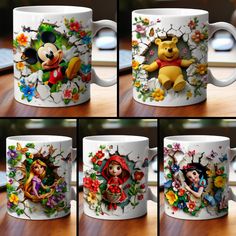 four pictures of the same mug with different characters on it, including winnie the pooh