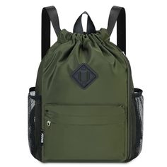 a green backpack with mesh pocket on the front and side pockets, one in black