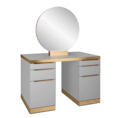 a white and gold desk with a round mirror on top