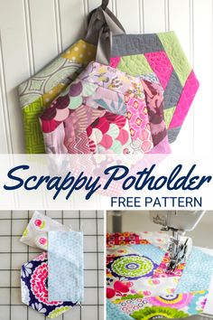 the scrappy potholder is an easy sewing project for beginners to sew