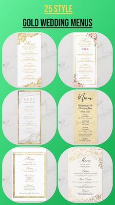 wedding menus with gold foil and floral designs