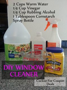 the ingredients for diy window cleaner are displayed on a counter top with text overlay