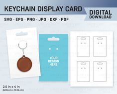 the keychain display card is shown in three different colors and sizes, including brown