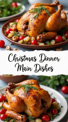 christmas dinner menu with roasted chicken and fresh herbs on the side, along with text overlay