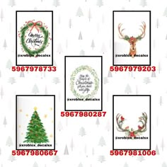 christmas greeting cards with reindeer heads, wreaths and pine trees in red on white background