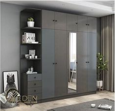 an image of a bedroom setting with mirrored closets and furniture in grey color scheme