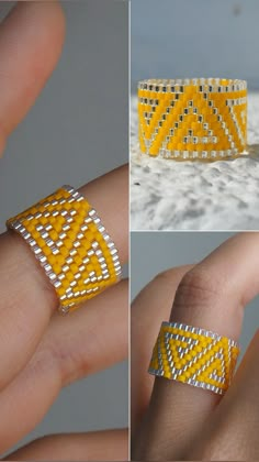 three different views of a yellow and white ring