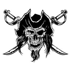 a pirate skull with two swords and a hat on it's head is shown