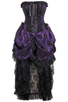 Overbust corset dress made of high quality taffeta and lace fabrics 10 Spiral Steel boned with 2 Flat steel bones Delicate lace detailing Ribbon tie closure at back for cinching Privacy Panel Lined Hand Wash Only Victorian Goth Dress Corsets, Purple Dress With Black Lace, Purple Gothic Dress, Purple And Black Outfits, Black And Purple Dress, Lace Corset Dress, Purple And Black Dress, Purple Corset, Dress With Corset