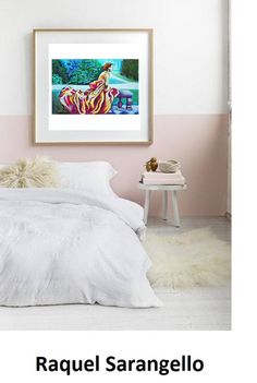 a bedroom with pink walls and white bedding in front of a framed painting on the wall