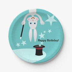 a paper plate with an image of a magician on it's face and the words happy birthday