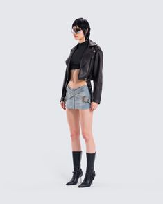 The perfect fit for asserting your dominance 😏 Take them for a wild ride in this chic and edgy three-piece set featuring a vintage black cropped jacket, a black turtleneck cropped jacket, and a denim mini skirt 🖤 Chic Cropped Fitted Biker Jacket, Fitted Punk Crop Top For Fall, Punk Style Fitted Crop Top For Fall, Fitted Biker Cropped Jacket, Fitted Cropped Biker Jacket, Fall Punk Style Fitted Crop Top, Fitted Cropped Black Biker Jacket, Edgy Cropped Fitted Biker Jacket, Casual Cropped Fitted Biker Jacket